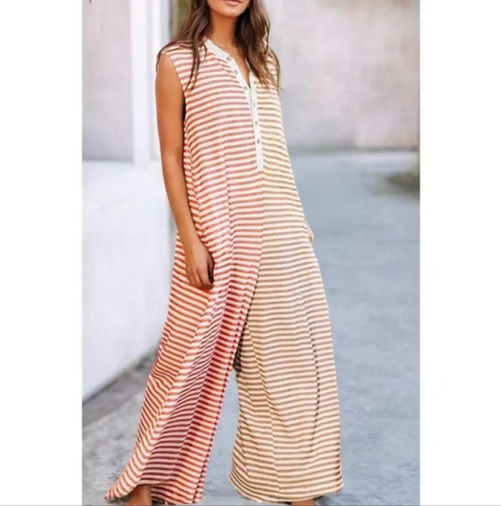 Bucket List Striped Wide Leg Jumpsuit in Coral/ Tan Size Large
